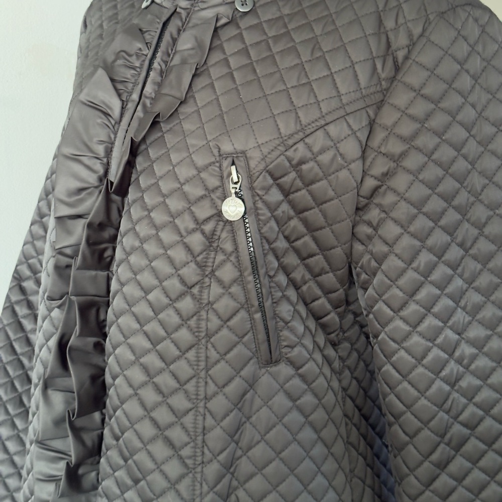 Betsey Johnson Black Quilted Hooded Jacket Zip Ruffle Front Knit Zip Pockets - Picture 8 of 13